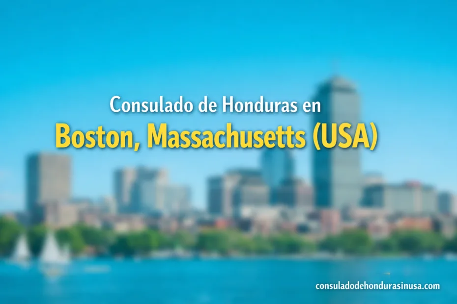Honduran consulate building in Boston with a city skyline in the background.