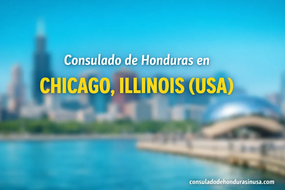 The consulate building with a sign that reads 'Consulado de Honduras en Chicago, Illinois'.