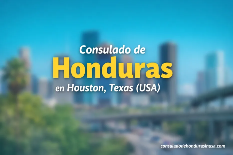 Honduras consulate building with a blue exterior and a sign reading 'Consulado de Honduras en Houston, Te…