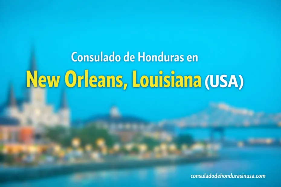 Honduras consulate building with a sign reading 'Consulado de Honduras en New Orleans' in the foreground.
