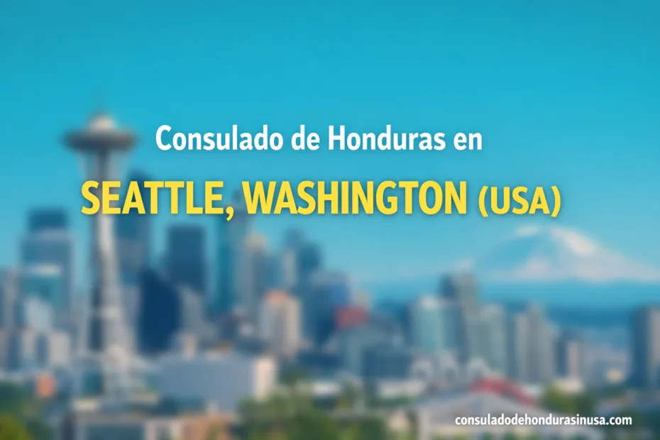 The building of the Honduras consulate in Seattle with the city skyline in the background.