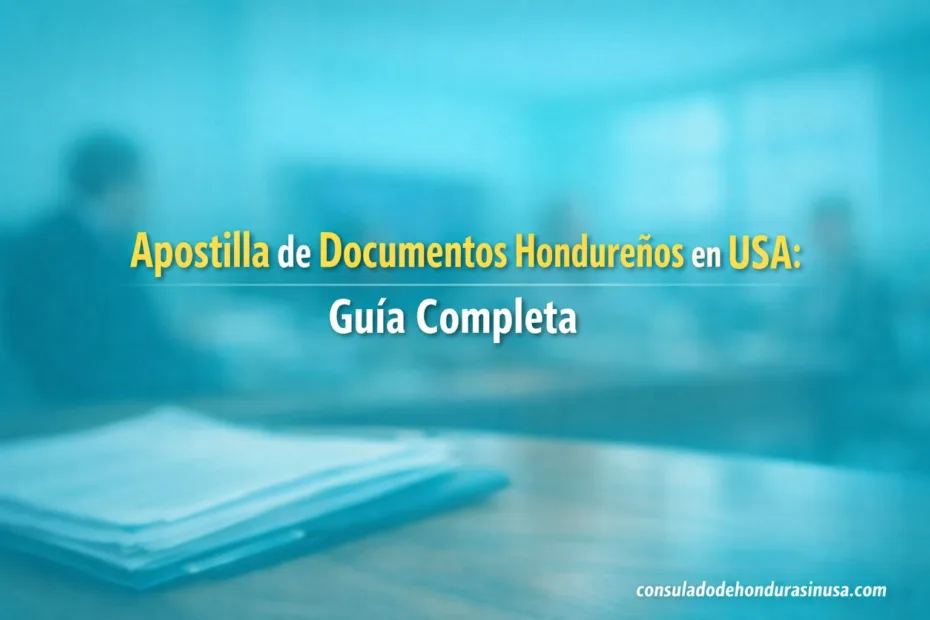 Apostilla de documentos hondureños en USA, guía completa con fondo turquesa y texto destacado en amarillo y blanco