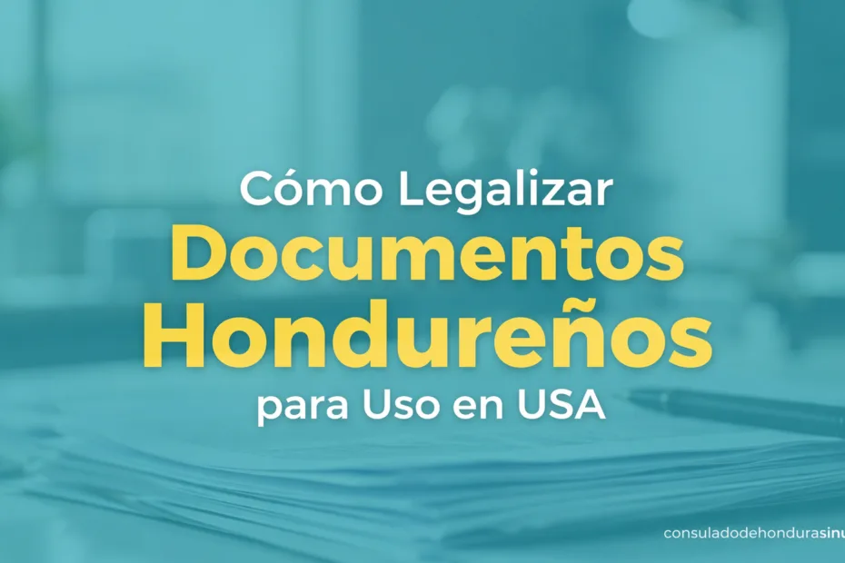 Título del proceso de legalización de documentos hondureños para usar en EE.UU. en un fondo azul con texto.