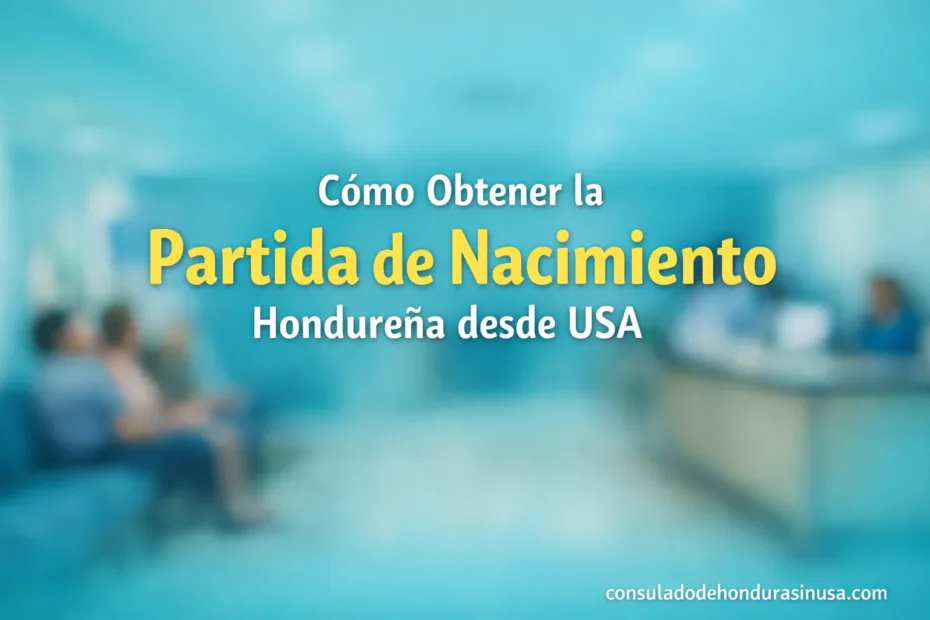 Cómo obtener la partida de nacimiento hondureña desde USA, guía consular con fondo turquesa desenfocado