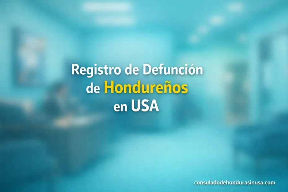 Registro de defunción de hondureños en USA con fondo turquesa desenfocado y texto centrado destacado