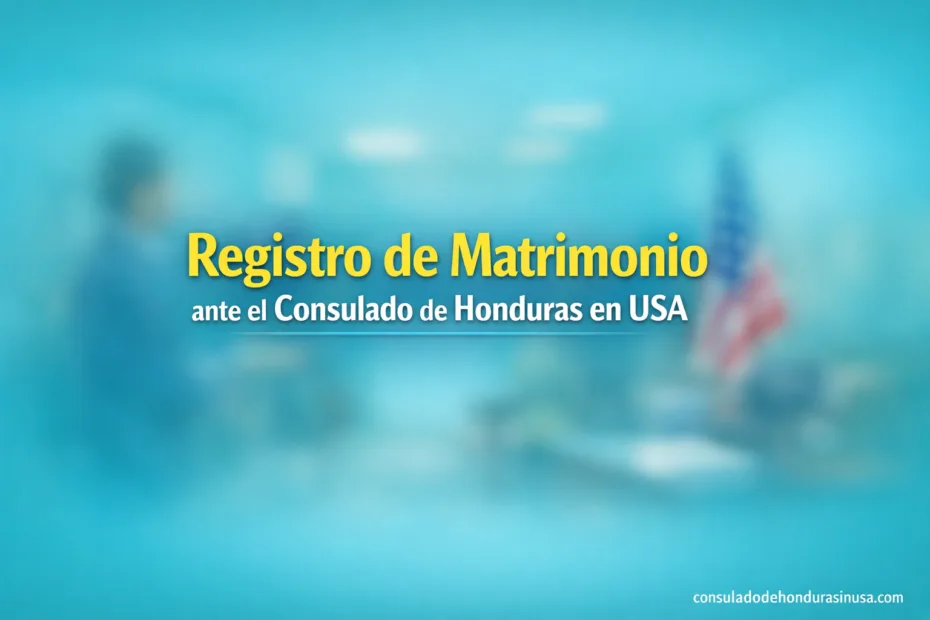 Registro de matrimonio en el consulado de Honduras en USA con fondo turquesa desenfocado y texto centrado destacado