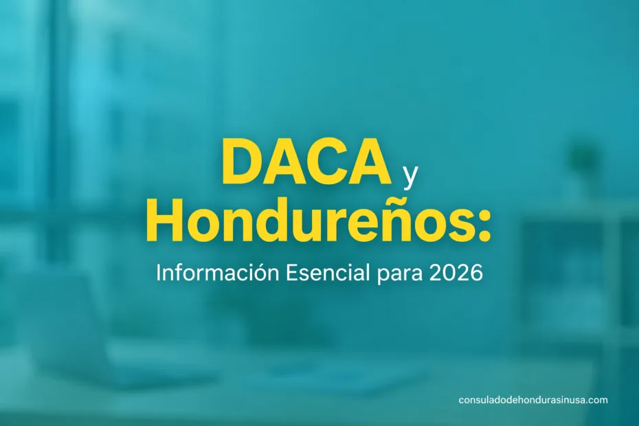 DACA y Hondureños muestra un título sobre información esencial para 2026 en un fondo azul.
