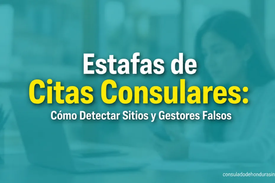 The image explains how to spot fake consular appointment sites and managers in the context of consular scams.