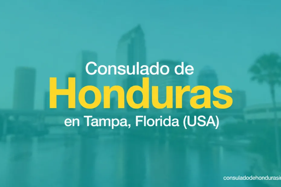 Consulado de Honduras en Tampa, Florida (USA) banner with blue background and yellow text.